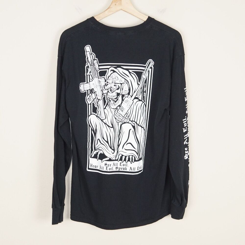 Gildan Heavy Cotton Black Long Sleeve Pale Horse Reaper Skeleton See All Evil L